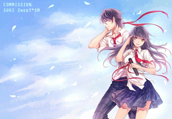 Anime picture 1000x694 with original sukiblog long hair fringe short hair smile standing holding yellow eyes looking away sky purple hair cloud (clouds) profile wind couple plaid skirt plaid girl boy