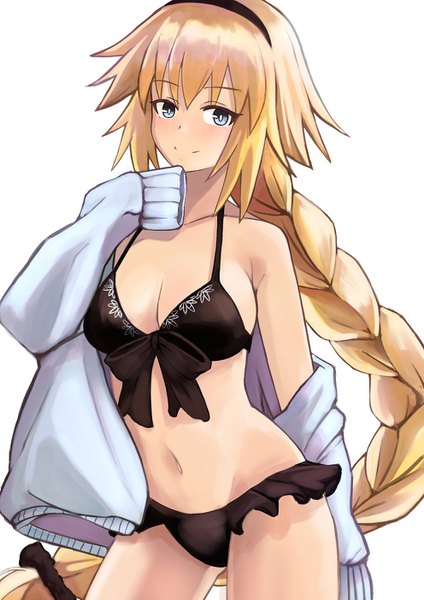 Anime picture 992x1403 with fate (series) fate/grand order jeanne d'arc (fate) (all) jeanne d'arc (swimsuit archer) yuuka (a0240765) single tall image looking at viewer blush fringe breasts blue eyes light erotic simple background blonde hair smile hair between eyes standing white background cleavage