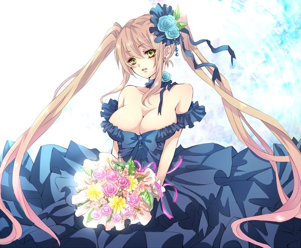 Anime picture 1214x1000 with original mizuiro tomato (artist) long hair breasts light erotic blonde hair large breasts twintails bare shoulders green eyes hair flower girl dress hair ornament flower (flowers) bouquet