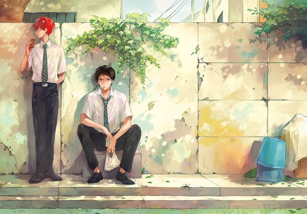 Anime picture 1288x900 with kuroko no basket production i.g akashi seijuurou nijimura shuuzou sawa2 looking at viewer fringe short hair blue eyes black hair standing sitting holding looking away red hair profile multiple boys shadow mouth hold drinking