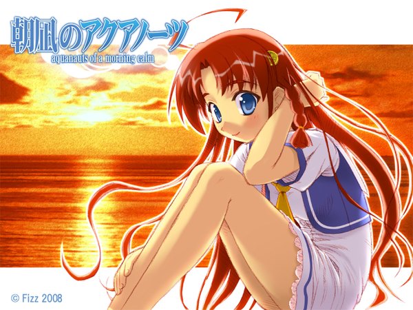 Anime picture 1280x960 with aquanauts of a morning calm single long hair looking at viewer blush blue eyes smile ahoge red hair inscription girl dress