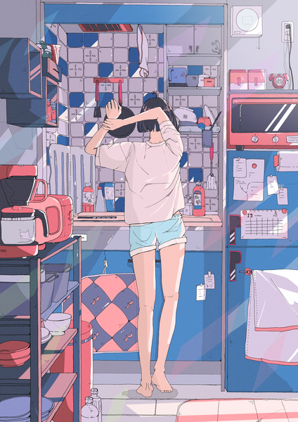 Anime picture 2894x4093 with original yasi irasuto single tall image highres short hair black hair standing full body indoors barefoot from behind bare legs stretch girl shorts short shorts clock tiles kitchen