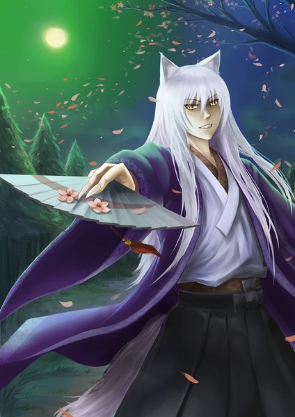 Anime picture 720x1018 with kamisama hajimemashita tomoe (kamisama hajimemashita) sideburn004 single long hair tall image fringe standing animal ears yellow eyes white hair traditional clothes fingernails wind night night sky fox ears cherry blossoms outstretched arm long fingernails