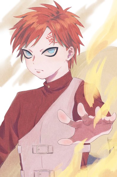 Anime picture 1173x1773 with naruto studio pierrot naruto (series) gaara jopi single tall image looking at viewer fringe short hair blue eyes upper body red hair floating hair outstretched arm hieroglyph sand jinchuriki forehead mark boy