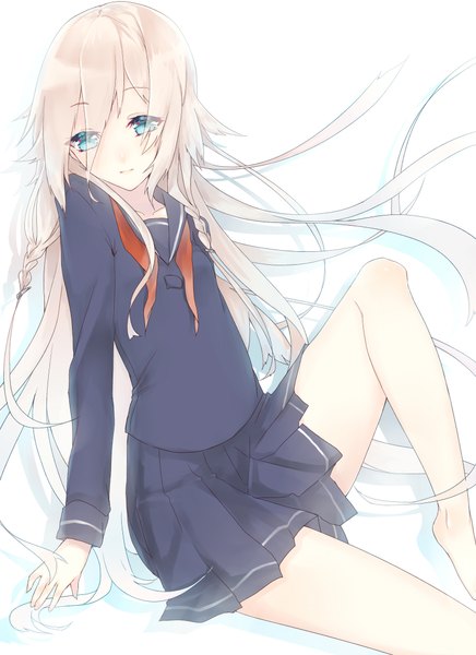 Anime picture 1600x2200 with vocaloid ia (vocaloid) sakofu single tall image blue eyes simple background white background sitting looking away pink hair braid (braids) very long hair barefoot twin braids girl uniform serafuku