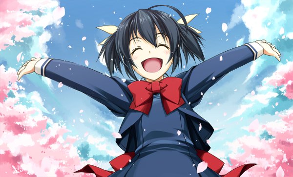 Anime picture 1205x731 with original shikei single short hair open mouth black hair wide image sky ahoge eyes closed from below cherry blossoms happy spread arms girl uniform ribbon (ribbons) plant (plants) hair ribbon school uniform