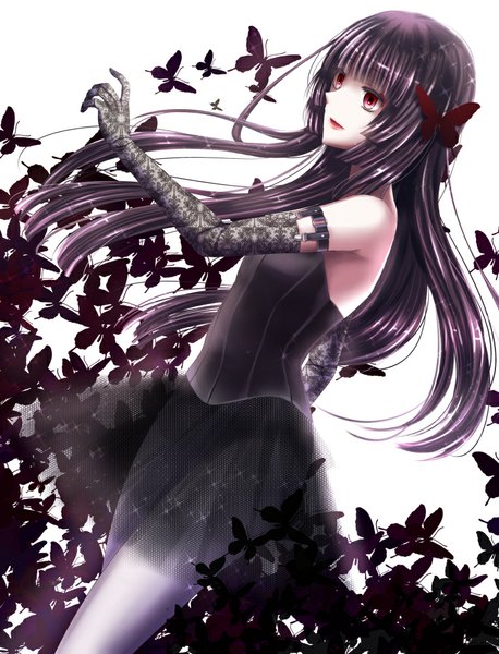 Anime picture 763x1000 with original hiroharu single long hair tall image black hair red eyes girl dress gloves hair ornament black gloves insect butterfly butterfly hair ornament
