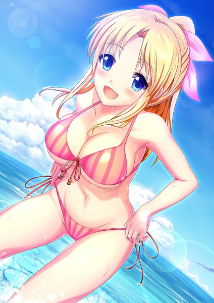 Anime picture 1061x1500 with to heart miyauchi lemmy dai-juuichi koukuu kantai single long hair tall image blush fringe breasts open mouth blue eyes light erotic blonde hair smile large breasts standing looking away sky cleavage cloud (clouds)