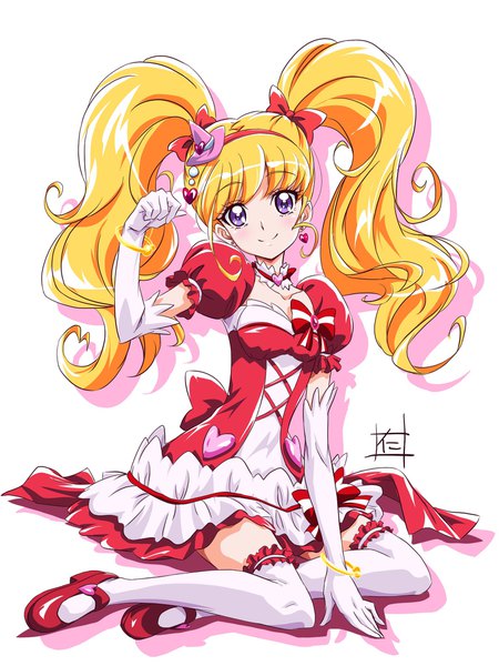Anime picture 1536x2046 with precure mahou girls precure! toei animation asahina mirai cure miracle nii manabu single long hair tall image looking at viewer blush simple background blonde hair smile white background purple eyes twintails full body zettai ryouiki puffy sleeves