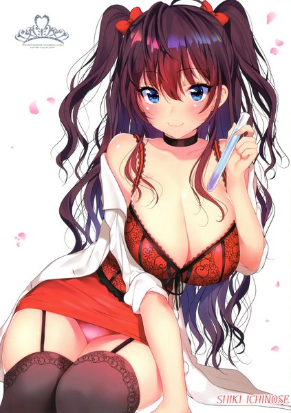 Anime picture 2399x3403 with idolmaster idolmaster cinderella girls ichinose shiki matarou (genkai toppa) single long hair tall image looking at viewer blush fringe highres breasts blue eyes light erotic smile hair between eyes large breasts white background holding purple hair