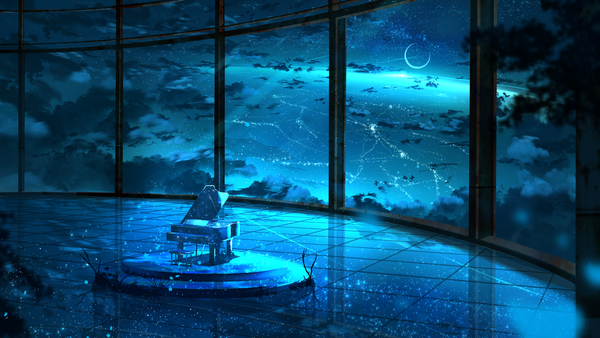 Anime picture 4174x2352 with original abisswalker8 highres wide image absurdres cloud (clouds) reflection no people crescent space abandoned plant (plants) window moon grass musical instrument tiles piano grand piano abandoned building