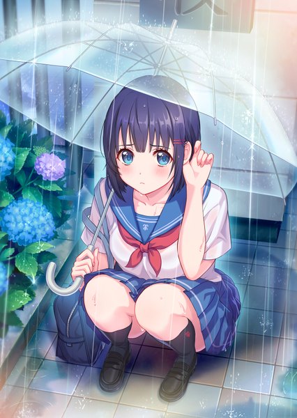 Anime picture 1200x1688 with original mizu no single tall image looking at viewer blush short hair blue eyes black hair rain girl skirt uniform flower (flowers) socks serafuku black socks umbrella school bag hydrangea