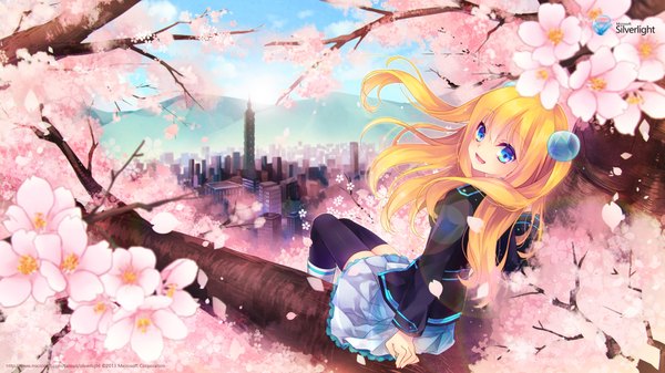 Anime picture 1920x1080 with os-tan microsoft aizawa hikaru shinia long hair highres open mouth blue eyes blonde hair wide image cherry blossoms city girl thighhighs skirt black thighhighs miniskirt petals