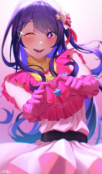 Anime picture 1176x2009 with oshi no ko hoshino ai (oshi no ko) jebi single long hair tall image looking at viewer blush open mouth simple background purple eyes signed purple hair one eye closed wink one side up ;d heart hands girl dress
