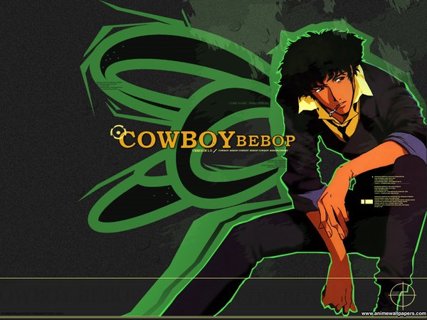 Anime picture 1024x768 with cowboy bebop sunrise (studio) spike spiegel short hair black hair wallpaper copyright name mouth hold squat twisty sleeves boy shirt cigarette