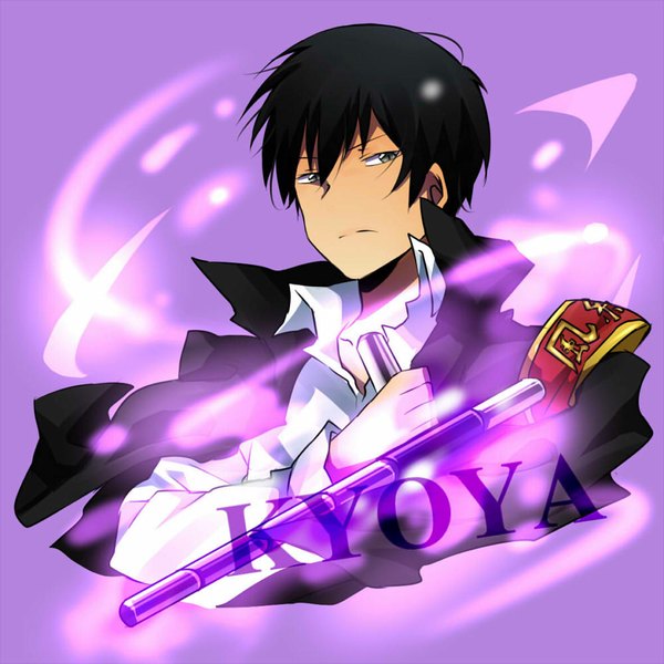 Anime picture 1000x1000 with katekyou hitman reborn hibari kyouya matsurinnu single looking at viewer short hair blue eyes black hair simple background inscription open clothes open jacket purple background boy weapon shirt jacket tonfa