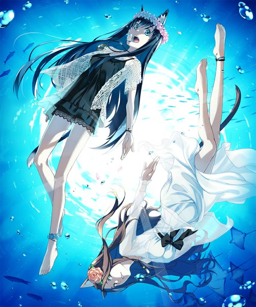 Anime picture 862x1030 with original kimura (ykimu) tall image looking at viewer open mouth multiple girls animal ears tail animal tail barefoot hair flower sunlight cat ears bare legs cat tail underwater swimming girl dress hair ornament