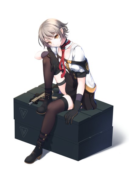 Anime picture 1000x1414 with original lancefate single tall image looking at viewer short hair white background sitting brown eyes pleated skirt grey hair leaning girl thighhighs skirt gloves weapon black thighhighs miniskirt black gloves