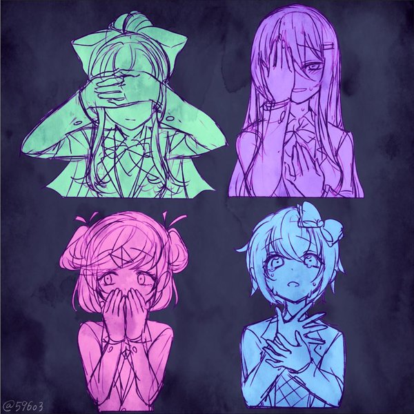Anime-Bild 1000x1000 mit doki doki literature club monika (doki doki literature club) yuri (doki doki literature club) natsuki (doki doki literature club) sayori (doki doki literature club) nan (gokurou) long hair looking at viewer blush fringe short hair open mouth simple background smile hair between eyes multiple girls signed payot looking away upper body