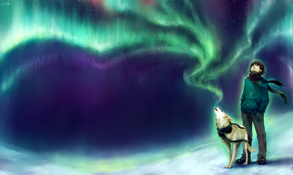 Anime picture 1280x767 with original yuumei single black hair wide image sky winter snow landscape hand in pocket scenic nature aurora borealis boy animal scarf star (stars) wolf