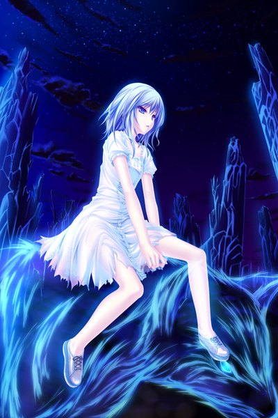 Anime picture 1200x1800 with tenmaso single tall image short hair blue eyes blue hair cloud (clouds) night girl dress animal shoes