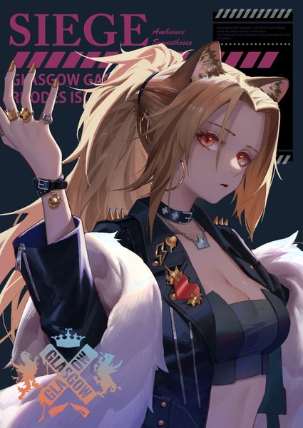 Anime-Bild 1032x1457 mit arknights ambience synesthesia siege (arknights) areaaaron single long hair tall image looking at viewer fringe breasts open mouth light erotic blonde hair hair between eyes large breasts animal ears payot cleavage upper body ponytail