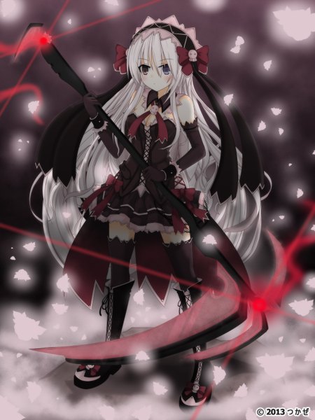 Anime picture 2250x3000 with original tsukaze single long hair tall image highres bare shoulders white hair heterochromia girl thighhighs dress gloves weapon black thighhighs elbow gloves boots headdress scythe