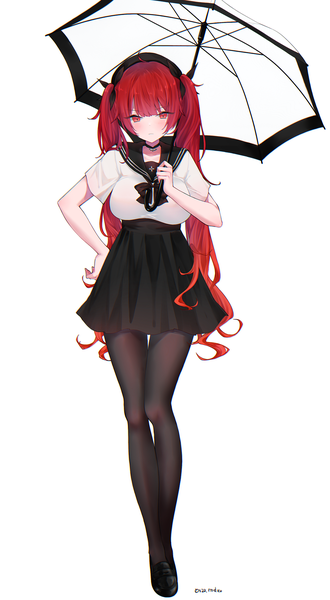 Anime picture 985x1789 with azur lane honolulu (azur lane) honolulu (umbrella girl) (azur lane) mimelond single long hair tall image looking at viewer blush breasts simple background red eyes large breasts standing white background twintails holding signed full body red hair