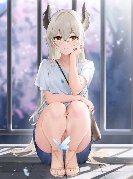Anime picture 3205x4291 with original qing wu single tall image looking at viewer blush fringe highres light erotic hair between eyes brown eyes absurdres outdoors very long hair horn (horns) light smile grey hair short sleeves squat convenient censoring