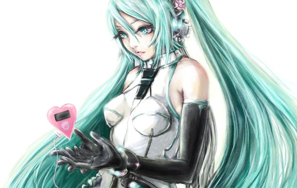 Anime picture 2000x1268 with vocaloid vocaloid append hatsune miku hatsune miku (append) sk hand (artist) single highres simple background white background twintails very long hair aqua eyes aqua hair girl gloves elbow gloves heart