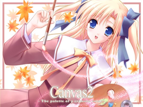 Anime picture 1280x960 with canvas 2 housen elis suzuhira hiro single long hair looking at viewer open mouth blue eyes blonde hair :d two side up copyright name girl ribbon (ribbons) hair ribbon leaf (leaves) autumn leaves paintbrush paint palette