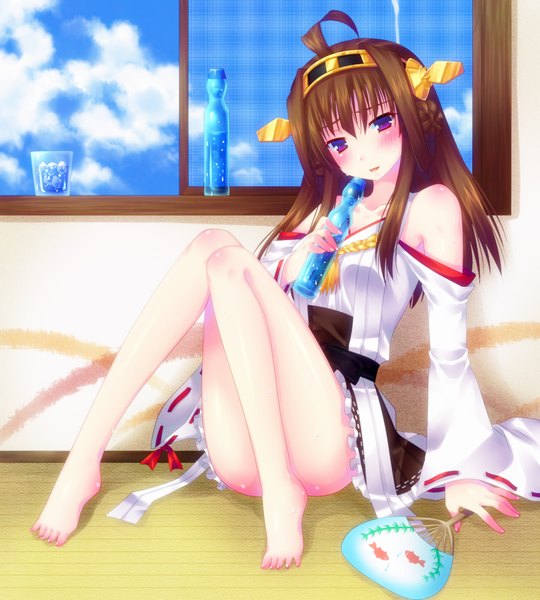 Anime-Bild 900x1000 mit kantai collection kongou battleship door to heaven single long hair tall image blush light erotic brown hair purple eyes ahoge barefoot bare legs nontraditional miko girl hair ornament detached sleeves fan water bottle