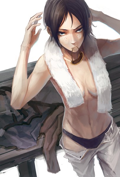 Anime picture 700x1032 with shingeki no kyojin production i.g ymir (shingeki no kyojin) die (die0118) single tall image short hair breasts blue eyes light erotic brown hair holding no bra mouth hold adjusting hair freckles tying hair towel around neck open pants girl