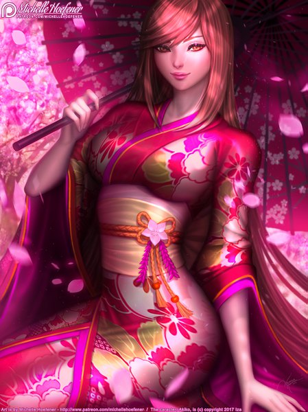 Anime picture 967x1292 with michelle hoefener single tall image looking at viewer sitting holding signed pink hair very long hair traditional clothes japanese clothes realistic orange eyes pink background girl petals kimono umbrella obi oriental umbrella