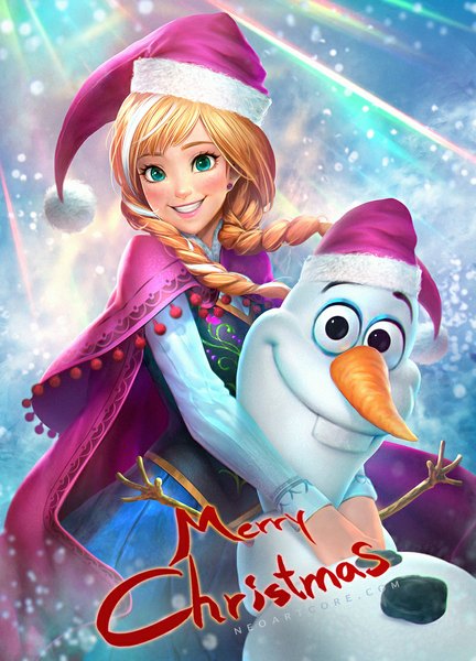 Anime picture 800x1111 with frozen (disney) disney anna (frozen) olaf (frozen) nudtawut thongmai long hair tall image looking at viewer blush blonde hair smile green eyes black eyes realistic fur trim christmas merry christmas girl hat fur