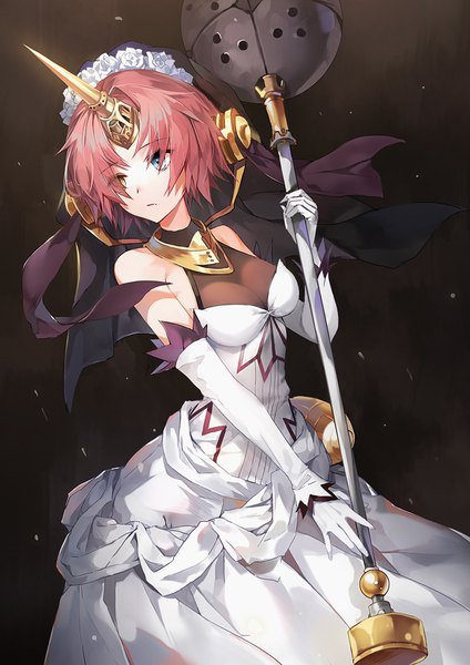Anime picture 800x1132 with fate (series) fate/apocrypha frankenstein's monster (fate) emyo single tall image fringe short hair breasts blue eyes simple background standing bare shoulders holding yellow eyes looking away cleavage horn (horns) heterochromia dark background