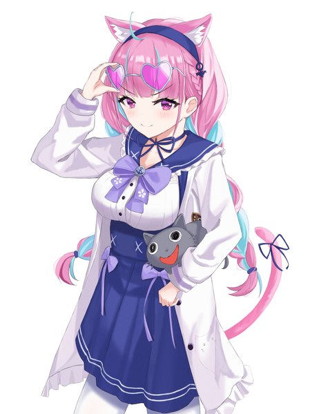 Anime picture 2208x2870 with virtual youtuber hololive minato aqua minato aqua (sailor) neko (minato aqua) off me single tall image highres simple background smile white background purple eyes animal ears pink hair ahoge tail braid (braids) animal tail multicolored hair