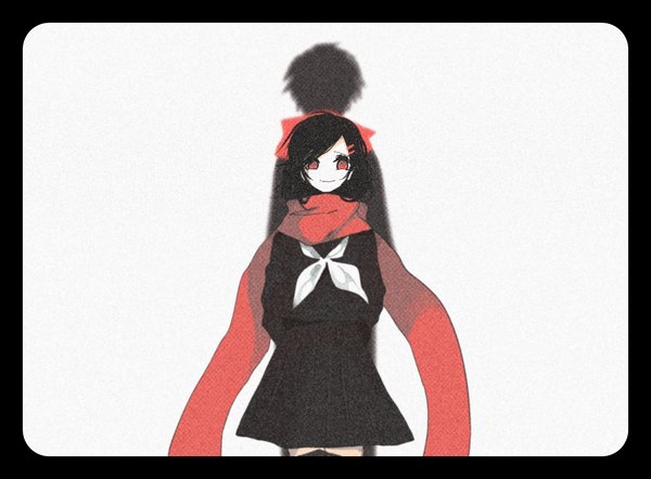 Anime picture 1720x1268 with kagerou project shaft (studio) tateyama ayano kisaragi shintarou lunch (lunchicken) long hair looking at viewer fringe highres short hair black hair simple background smile red eyes standing white background ahoge zettai ryouiki hands behind back back to back