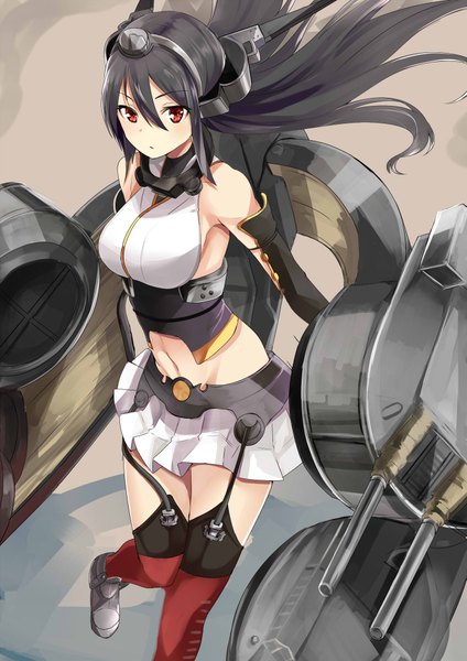 Anime picture 1415x2000 with kantai collection nagato battleship haik single long hair tall image looking at viewer blush breasts black hair red eyes large breasts standing bare shoulders bare belly girl thighhighs skirt navel hair ornament