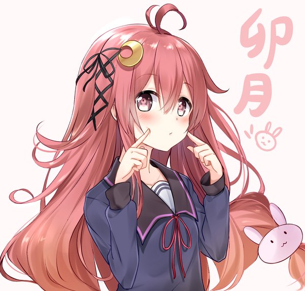 Anime picture 1526x1453 with kantai collection uzuki destroyer karumayu single long hair blush fringe simple background hair between eyes white background payot looking away pink hair upper body ahoge pink eyes inscription finger to mouth front-tie top girl