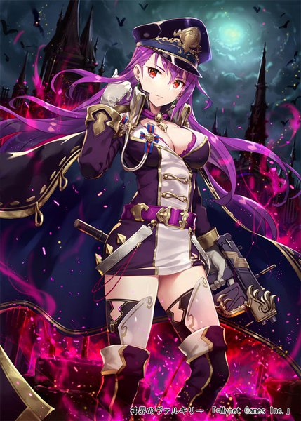 Anime-Bild 643x900 mit shinkai no valkyrie gabiran single long hair tall image looking at viewer fringe breasts light erotic hair between eyes red eyes large breasts standing holding payot cleavage purple hair cloud (clouds) outdoors long sleeves