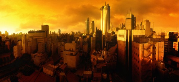 Anime picture 1800x825 with original duster132 (artist) highres wide image city evening sunset cityscape panorama skyscraper