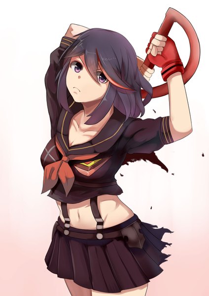 Anime picture 1240x1754 with kill la kill studio trigger matoi ryuuko vococo single tall image looking at viewer short hair black hair simple background white background purple eyes multicolored hair two-tone hair midriff streaked hair >:( girl navel uniform