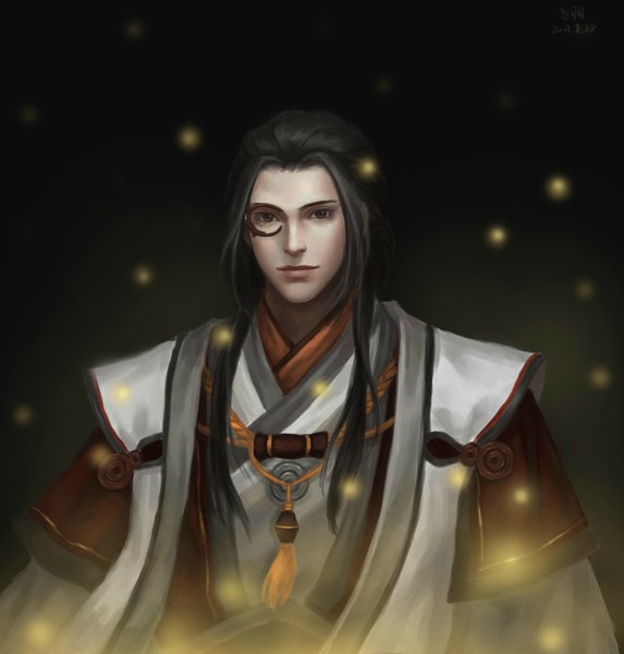 Anime-Bild 1500x1571 mit piaoluo de fei yu single long hair tall image black hair simple background brown eyes traditional clothes boy insect fireflies monocle