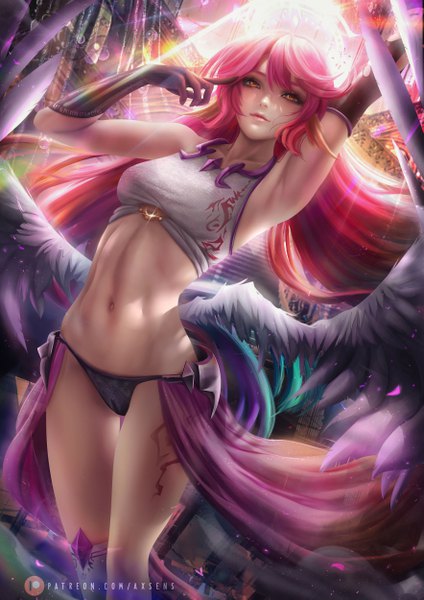 Anime picture 3532x5000 with no game no life madhouse jibril (no game no life) axsen single long hair tall image blush highres light erotic standing brown eyes signed pink hair absurdres indoors lips realistic arms up sparkle