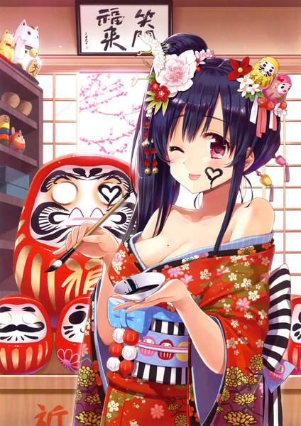 Anime picture 3251x4600 with original chiba sadoru long hair tall image blush highres open mouth black hair red eyes bare shoulders absurdres ponytail traditional clothes one eye closed hair flower wink mole side ponytail :p mole on breast