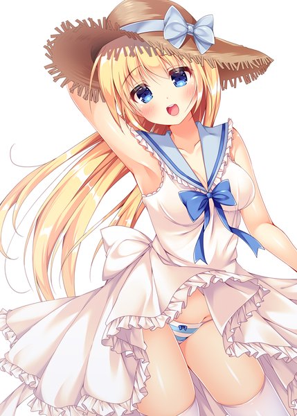 Anime picture 648x906 with original fujikura ryuune single long hair tall image looking at viewer blush fringe open mouth blue eyes light erotic simple background blonde hair white background groin arm behind head frilled dress girl thighhighs dress