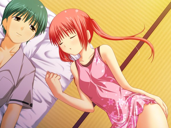 Anime picture 1200x900 with nanairo kanata hitachi kokona nishinogi ryouichi taguchi makoto long hair short hair twintails yellow eyes game cg red hair eyes closed green hair couple sleeping girl boy