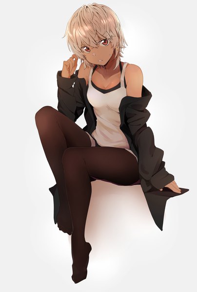 Anime picture 2507x3718 with original kazenoko single tall image looking at viewer blush fringe highres short hair breasts simple background hair between eyes brown hair white background sitting bare shoulders cleavage silver hair full body long sleeves