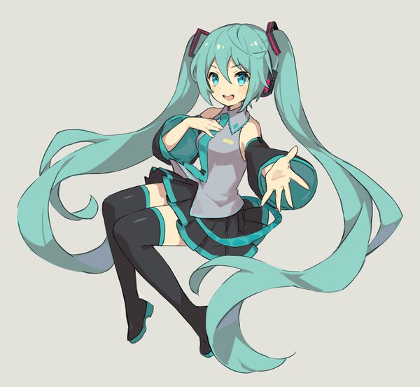 Anime picture 1000x921 with vocaloid hatsune miku ame8desu single looking at viewer fringe open mouth simple background hair between eyes twintails full body very long hair :d pleated skirt aqua eyes aqua hair grey background outstretched hand girl skirt
